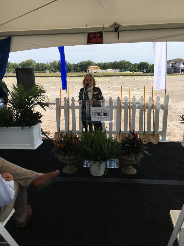 <p><p><strong>HAILING NEW AND COMING NEIGHBORS</strong> — DeBary Mayor Karen Chasez joins the ceremony to break ground for Rivington’s amenities center. “We look forward to the continued success of Rivington,” Chasez told the crowd assembled for the festivities.</p></p><p>BEACON PHOTO/AL EVERSON</p>